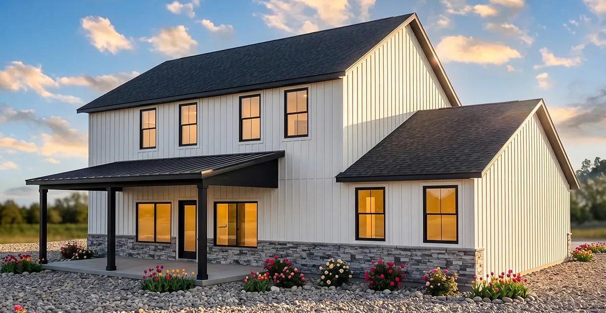 Rear elevation of the Westview Ridge in Alpine White with a covered back patio, four tall upper windows and stone wainscot