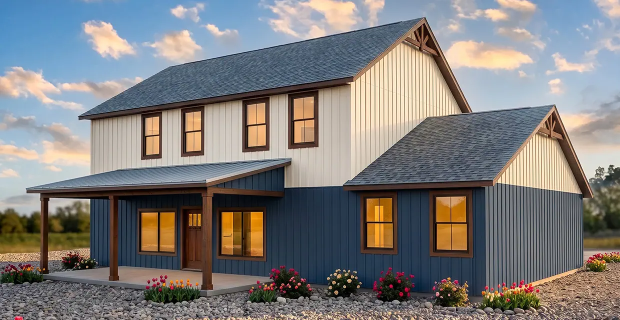 Rear elevation of the Westview Ridge in Harbor Blue & Cedar with a covered back patio and cedar timber posts