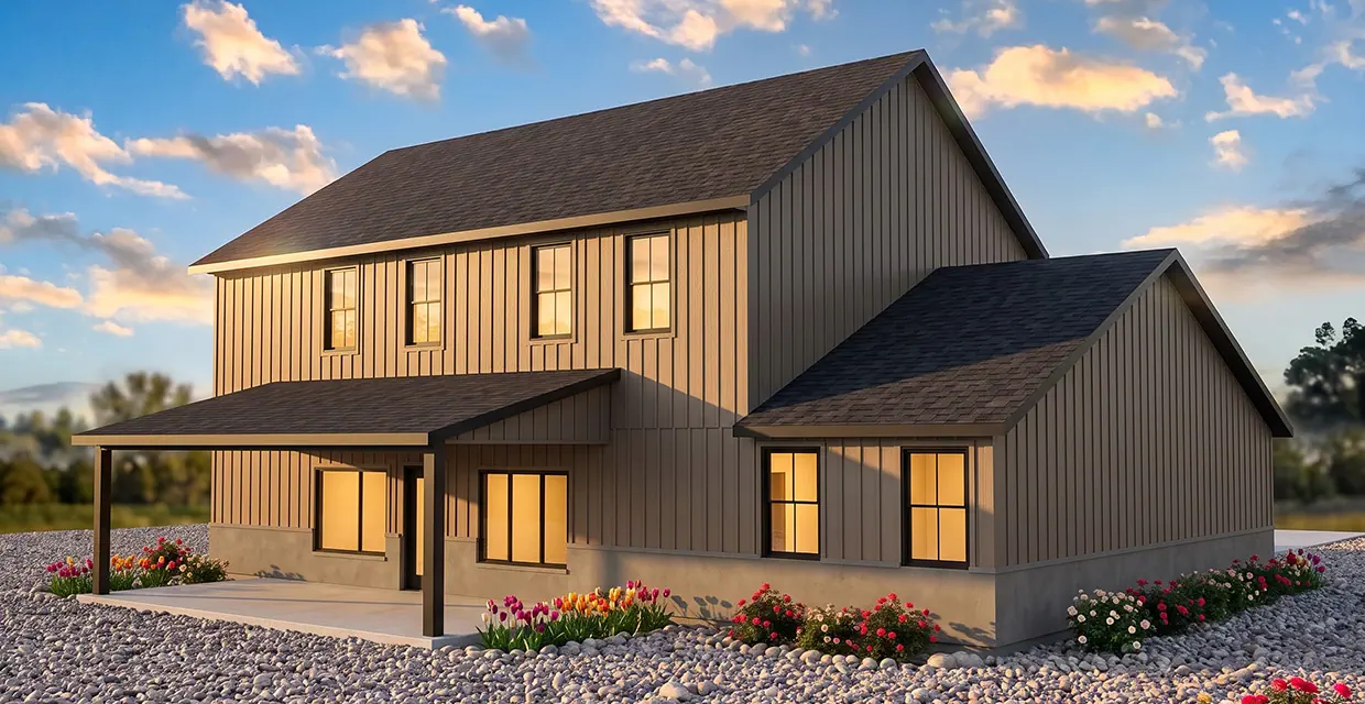 Rear elevation of the Westview Ridge in Desert Sage with a covered back patio and black-trimmed windows
