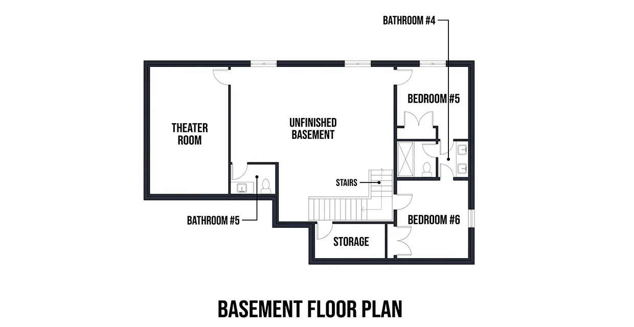 Westview Ridge basement floor plan showing a theater room, bedrooms 5 and 6, bathrooms 4 and 5, storage, stairs and an unfinished flex area
