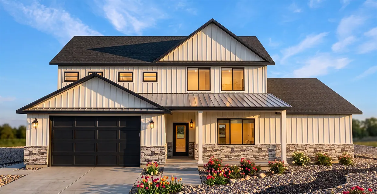 Westview Ridge two-story modern farmhouse in the Alpine White scheme with black trim, gray ledgestone and a covered front porch