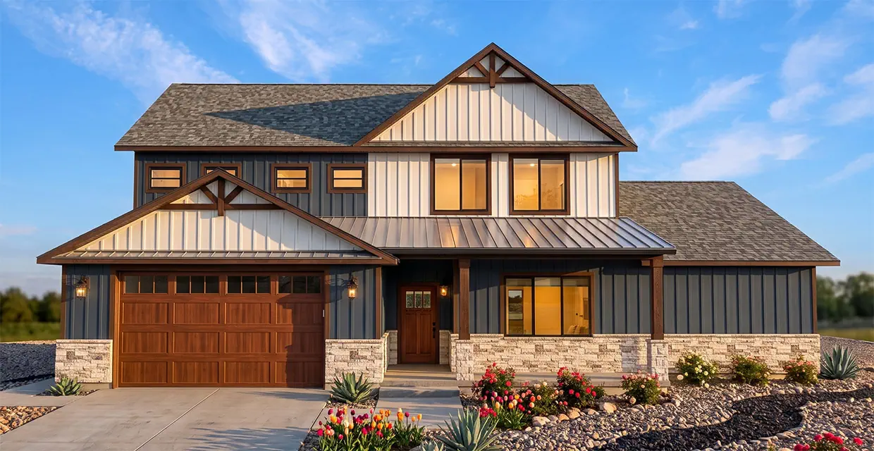 Westview Ridge front exterior rendering in the Harbor Blue & Cedar scheme with blue board-and-batten siding, cream gables, cedar timber accents and a carriage-style wood garage door