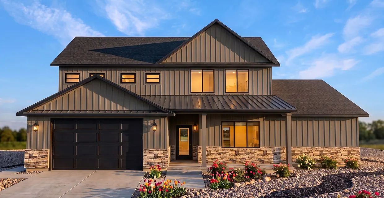 Westview Ridge front exterior rendering in the Desert Sage scheme with sage-green board-and-batten siding, black trim and warm buff ledgestone