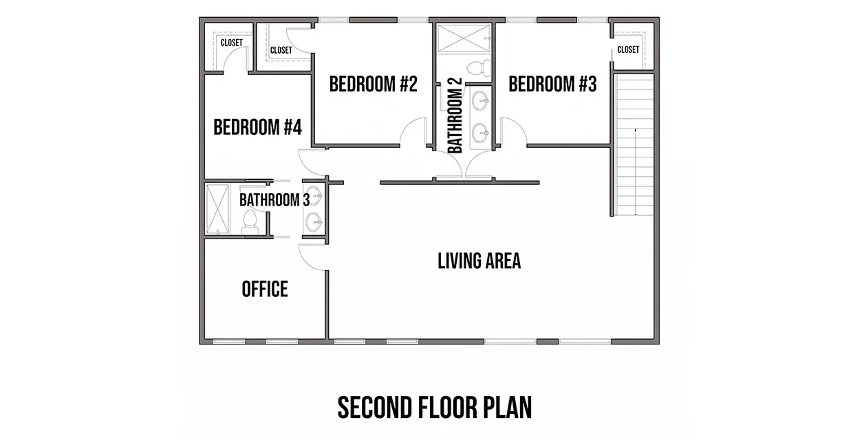 Westview Ridge upper level floor plan showing bedrooms 2, 3 and 4, bathrooms 2 and 3, an office and a large living area